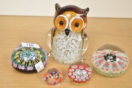 A vintage Murano-style amber glass owl figurine, sold with a selection of 4 modern studio millefiori