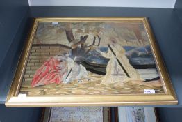 A 19th century religious scene embroidered panel, worked in polychrome threads, within a moulded