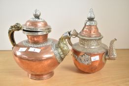 Two antique Chinese/Tibetan copper, brass and white metal tea pots. Decorated with dragons and