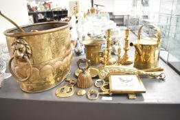 A mixed lot of 20th century brassware, featuring a marked Joseph Sankey & Son Art Nouveau style