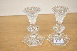 A pair of modern Irish Waterford Crystal Glass Chatham Pattern 5' Candlesticks, featuring a fluted