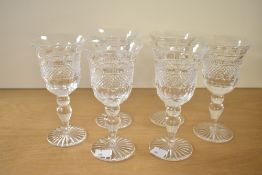 A set of six contemporary Cumbria Crystal Grasmere Georgian style small wine glasses, having a