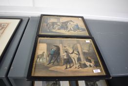 A pair of 19th century coloured prints, racehorse/stable scenes, within gilt slips and ebonised