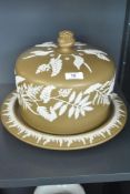 A Victorian Staffordshire Brown jasperware full-stilton-size flora and fern sprigged cheese bell and