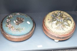 Two Victorian bead-work foot stools, each of circular padded form with foliate bead work