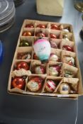 A collection of vintage colourful glass Christmas decorations, having original box, (25), a few