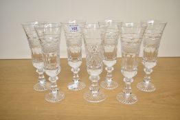A set of six Cumbria Crystal Grasmere Vintage Champagne Flutes, having a section of the cut