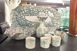A selection of contemporary Deborah Brett teal porcelain bubble glazed ware, compromising of a