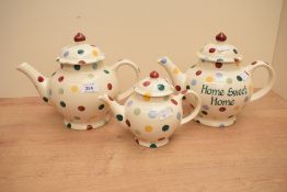 A group of three Emma Bridgewater polka dot pattern teapotss, two large (one marked Home Sweet Home)