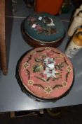 Two Victorian bead-work footstools, each of circular form, one with brass studded ebonised frame,