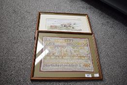A Victorian alphabet sampler, worked in polychrome and dated 1886, sold along with a decorative