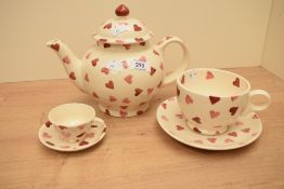 An Emma Bridgewater pottery Pink Hearts pattern teapot, breakfast cup and saucer and espresso cup