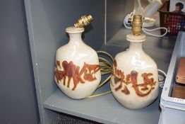 A pair of 20th century studio pottery table lamps decorated with geometrical patterns on a glaze