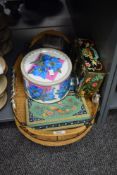 A group of five biscuit/confectionary tins, one containing a small selection of costume jewellery,