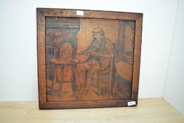 A wooden plaque having carved scene of gentleman repairing his clock, w42cm