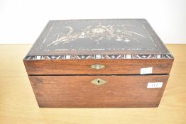 A large Victorian inlaid rosewood jewellery box, having a hinged lid of an elaborate floral inlay
