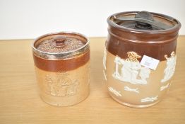 A Royal Doulton stoneware tobacco jar with cover decorated with hunting scenes, h15cm, sold together
