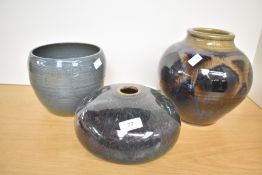 Three late 20th-century British studio pottery vases, having been glazed in various styles including