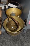 Two 20th century brass jam pans, a brass toffee pan and a small aluminium cream churn