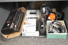 A collection of vintage-modern video editing and electricals, featuring a Sharp QT-242C portable