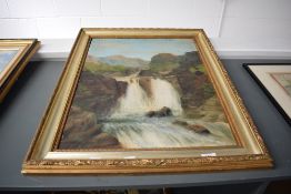 Artist unknown, early 20th century oil on board, waterfall scene, unsigned, within a moulded gilt