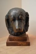 A large resin sculpture depicting the head of a Labrador, raised on a two tier wooden base, measures