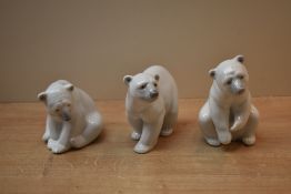 A group of three Lladro porcelain Polar Bear studies model numbers 1207, 1208 and 1209.