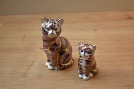 Royal Crown Derby bone china Imari Cat and Kitten paperweights both having Imari style decoration