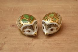 Two Royal Crown Derby bone china hedgehog paperweights, 'Ivy' and 'Holly' both having Imari style