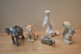 A group of five USSR Lomonosov porcelain and similar animal studies to include a Badger and Lion
