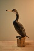 A large wooden sculpture depicting a Cormorant perched on wooden base with stamped 'A' to underside,