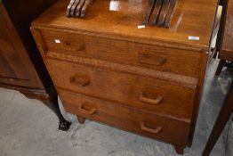 A vintage oak bedroom chest of three drawers , labelled internally for Maple & Co, width approx.