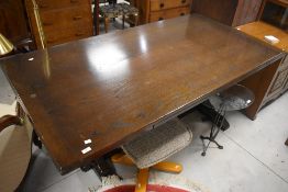 A traditional oak drawer leaf refectory style dining table, approx. 92 x 183 cm, plus 2 x 46cm
