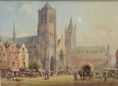 Pierre le Boeuff (French act.1899-1920) watercolour, continental street scene with Cathedral,