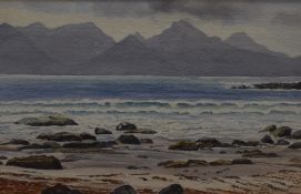 Jean Thomas (British contemporary) watercolour 'Isle of Rhum from Singing Sands Isle of Eigg' an
