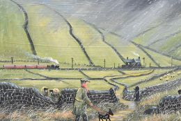 James Downie (British b.1949) Oil on board depicting a man walking his dog through a valley in the