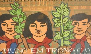 An unusual and interesting Vietnamese hand painted board propaganda 'poster ' featuring three