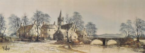 After Ronald Folland (British 1932-1999) A quaint village scene featuring cottages, church and