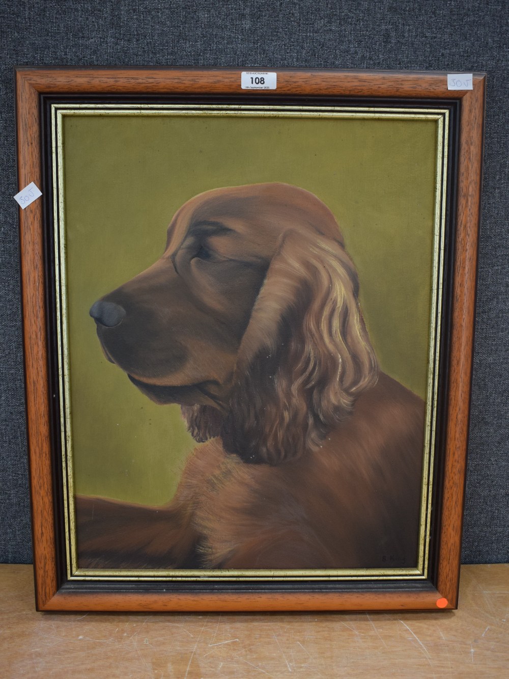 Sheila King (British contemporary) Oil on canvas, 'Des' traditional portrait of a brown spaniel on - Image 2 of 6
