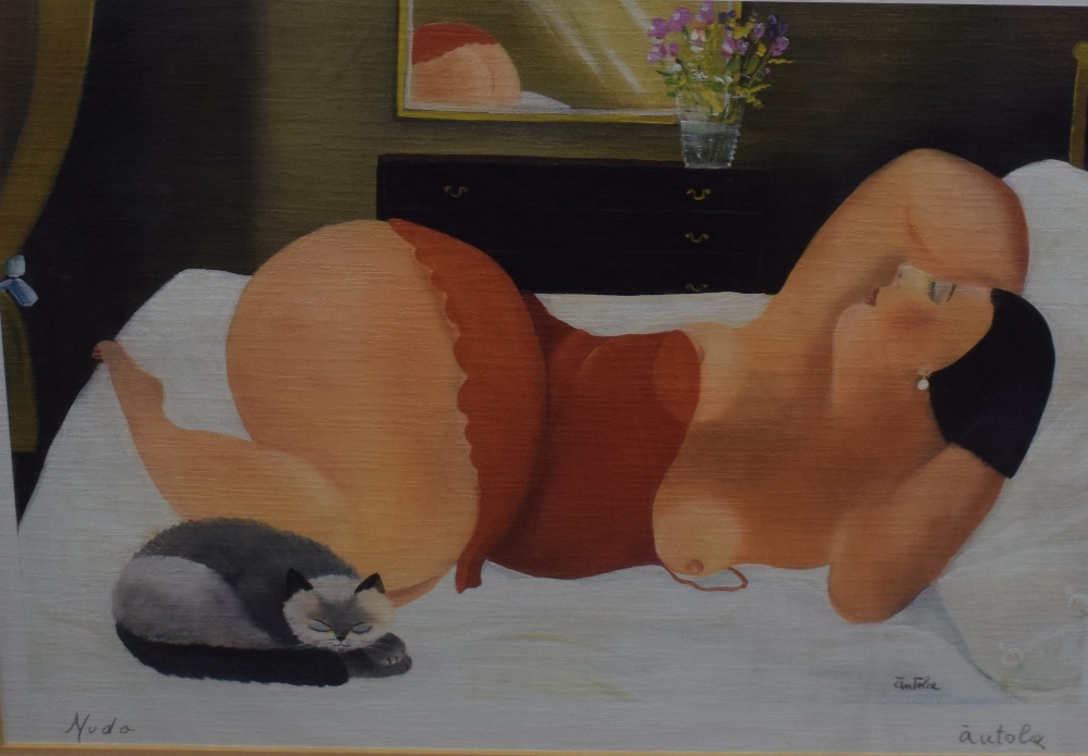After Anna Antola (b.1930) colour print 'Nudo' depicting a partially exposed female sleeping next to
