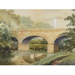 M.E.Katers (British 20th century) Watercolour of a bridge over a canal seen from footpath, signed