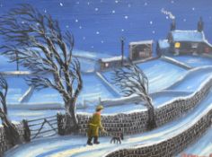 James Downie (British b.1949) Oil on board 'Late Night Walk' a winter scene depicting a man