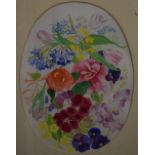 Artist unknown, 20th century oval watercolour, colourful study of flowers, within a card mount and