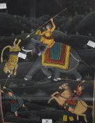 Indo-persian Mugal/Rajput painting on silk (20th century) depicting a tiger hunt scene on horse