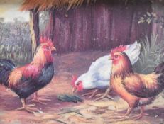 20th Century oil on board, an attractive barn scene depicting hens cockerel and a rabbit,