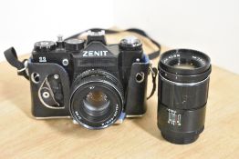 A Zenit 11 35mm SLR camera with a Helios 44 58mm f2 lens. Sold alongside a Soviet Jupiter-IIA 4/