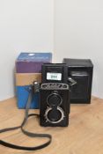 Lubitel 2 TLR medium-format camera (6×6) with built in 75mm f4.5 lens, in a leather case with