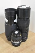 Three Nikon fit lens. A Nikon Micro-Nikkor 55m f2.8, a Nikon Nikkor 300mm f4.5 and a Kiron 70-