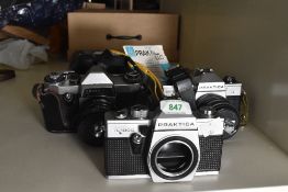 Three Praktica SLR 35mm cameras. A Praktica MTL 5B with a Carl Zeiss Flektogon 35mm f2.4 lens. A