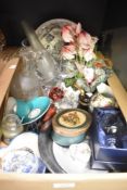 A miscellaneous selection of items including a storm lantern style glass vase and other glassware, a